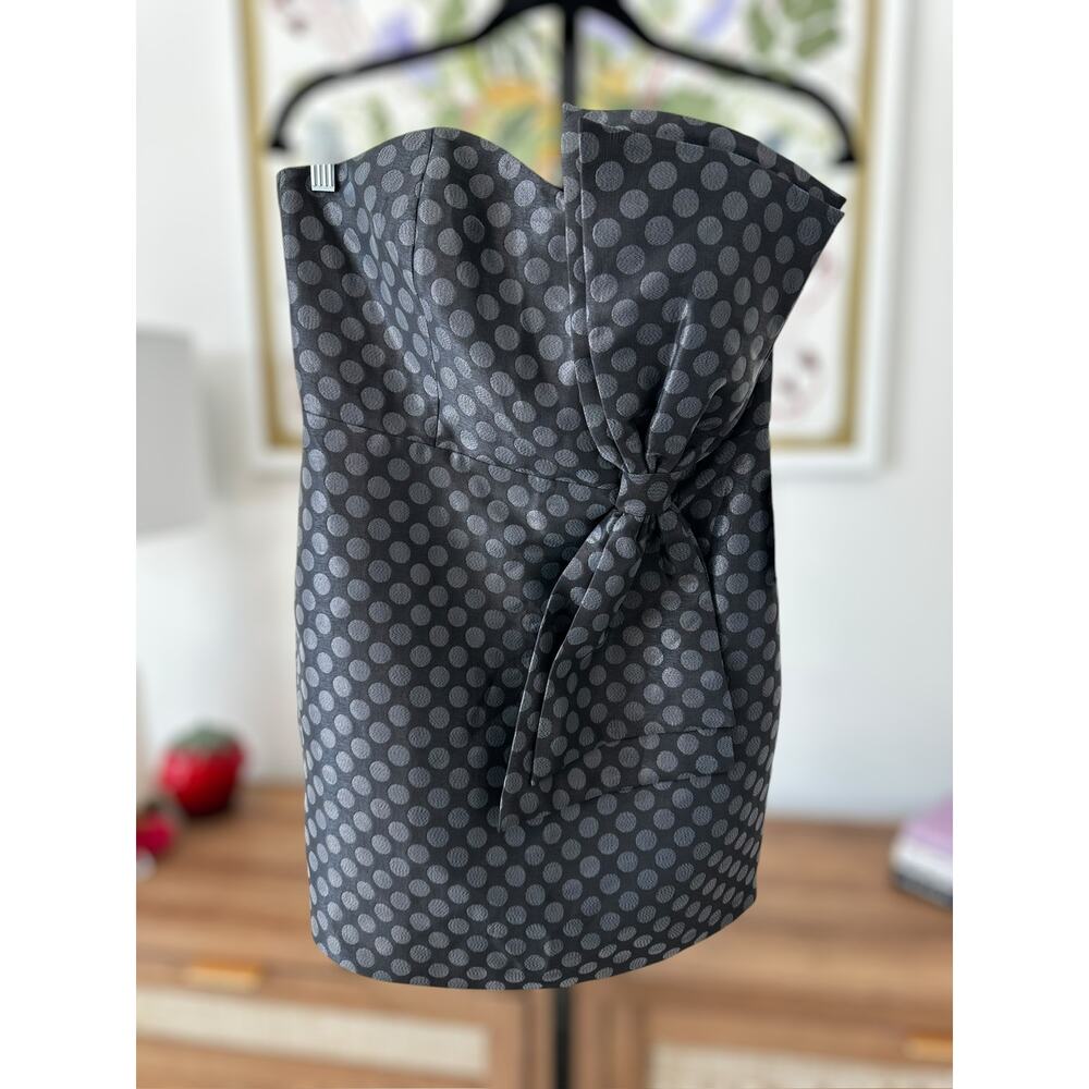 NWT Express Polka Dot Bow Strapless Bodycon Mini Dress Black Gray Womens Size 8